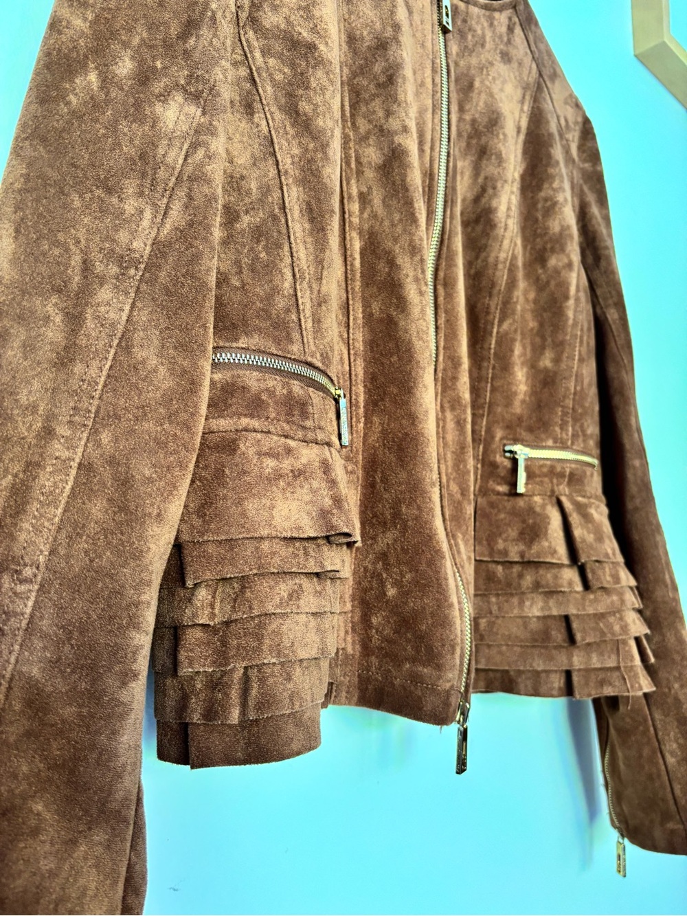 Ivanka Trump Faux Suede Jacket with Ruffles Brown Size Medium - Picture 4 of 5